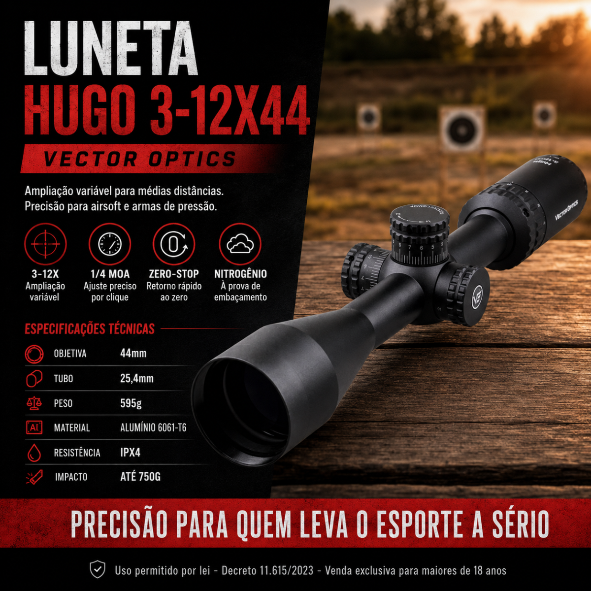 Luneta Vector Optics Hugo 3-12x44 Tubo 25,4mm 1/4 MOA