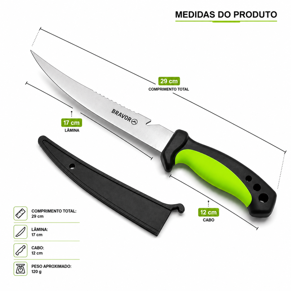 Faca Fileteira Preto Verde Bravor Aço Inox 29 cm Pesca Com Bainha