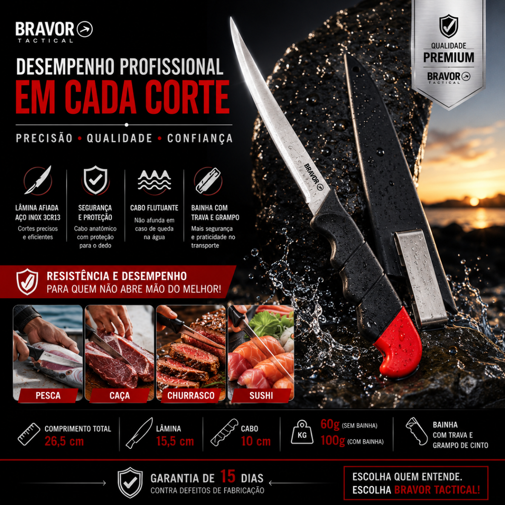 Faca De Filetar Peixes sushi churrasco Bravor Flutuante 26cm