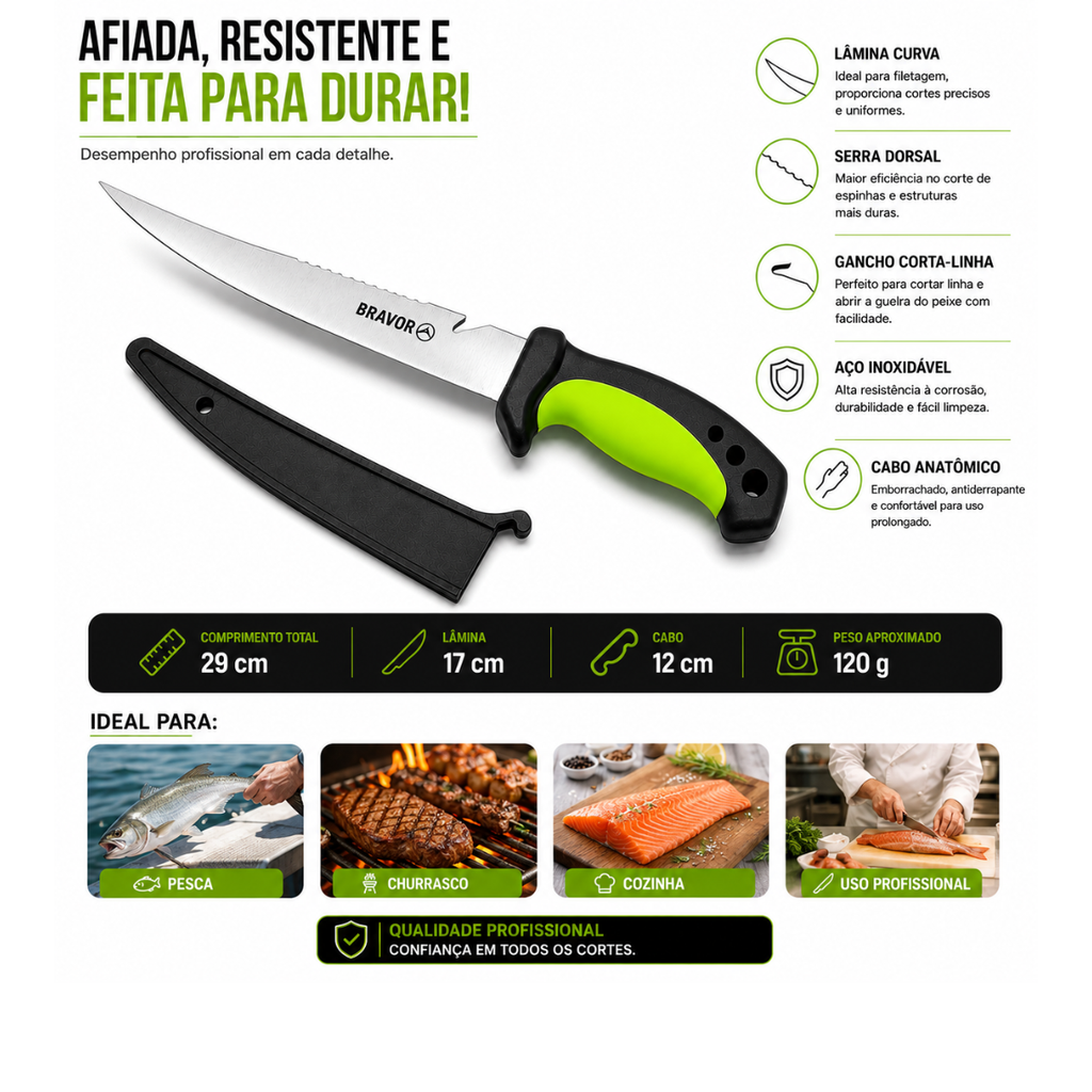 Faca Fileteira Preto Verde Bravor Aço Inox 29 cm Pesca Com Bainha