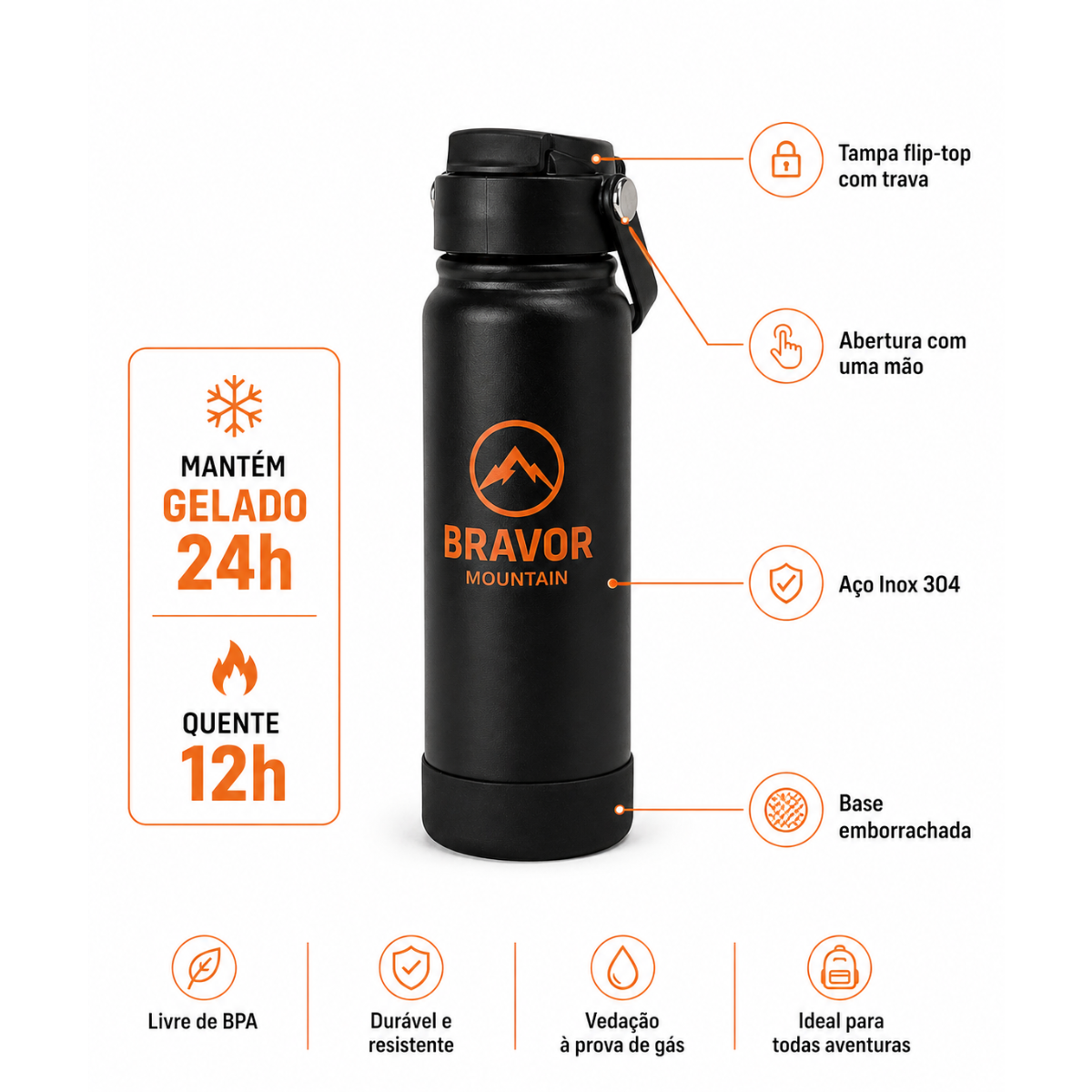Garrafa Térmica Bravor Mountain 600ml Inox Tampa Flip Esporte