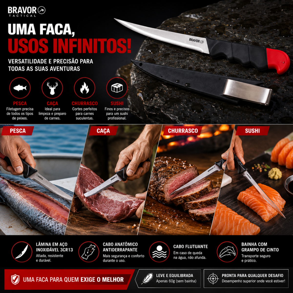 Faca De Filetar Peixes sushi churrasco Bravor Flutuante 26cm