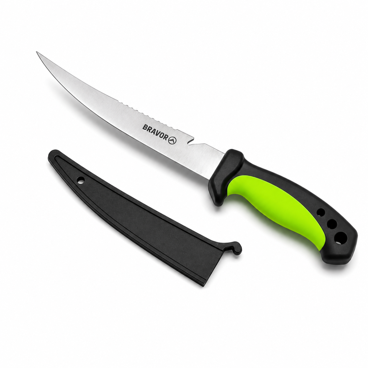 Faca Fileteira Preto Verde Bravor Aço Inox 29 cm Pesca Com Bainha