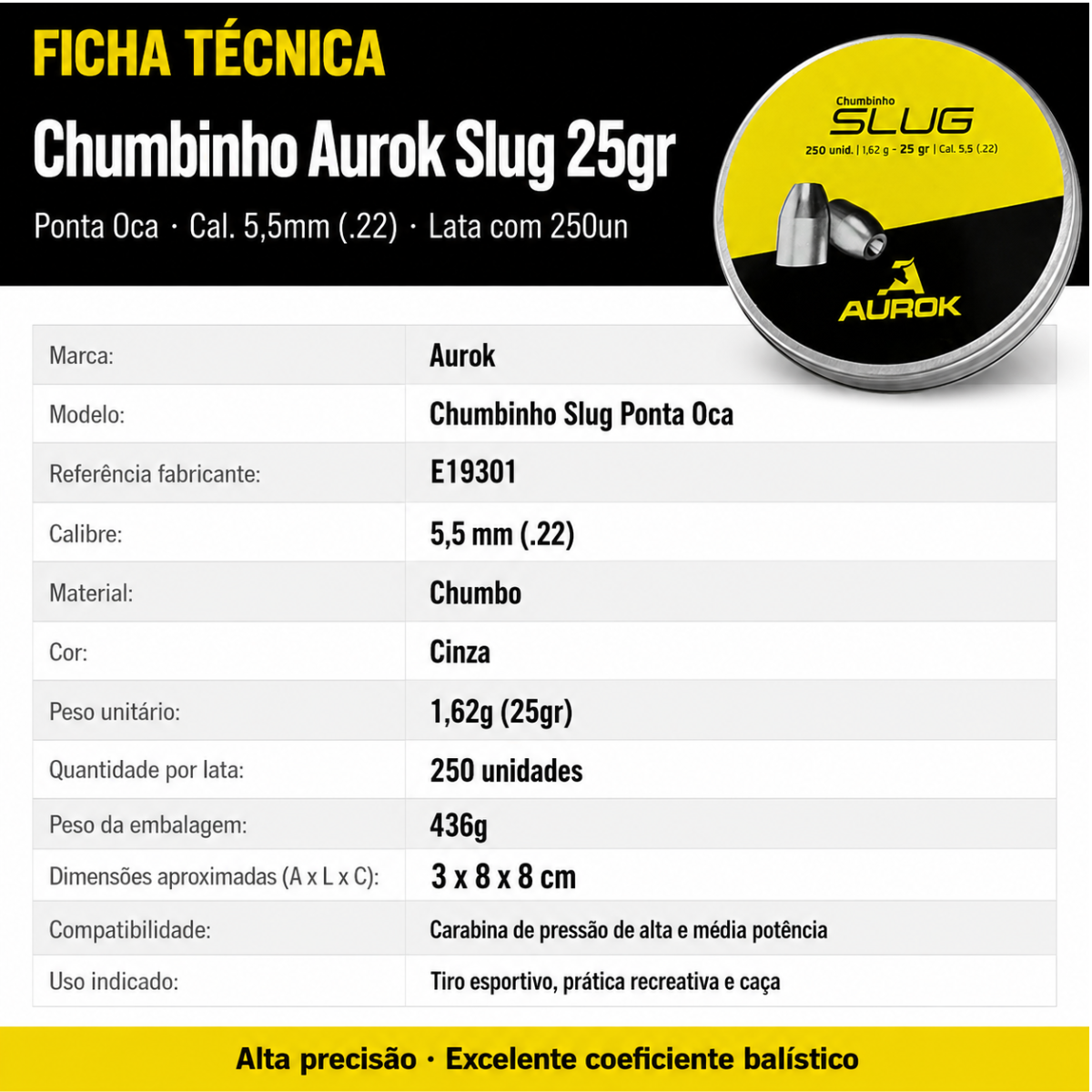 Chumbinho Aurok Slug 5,5mm 25gr Ponta Oca Pesado 250un