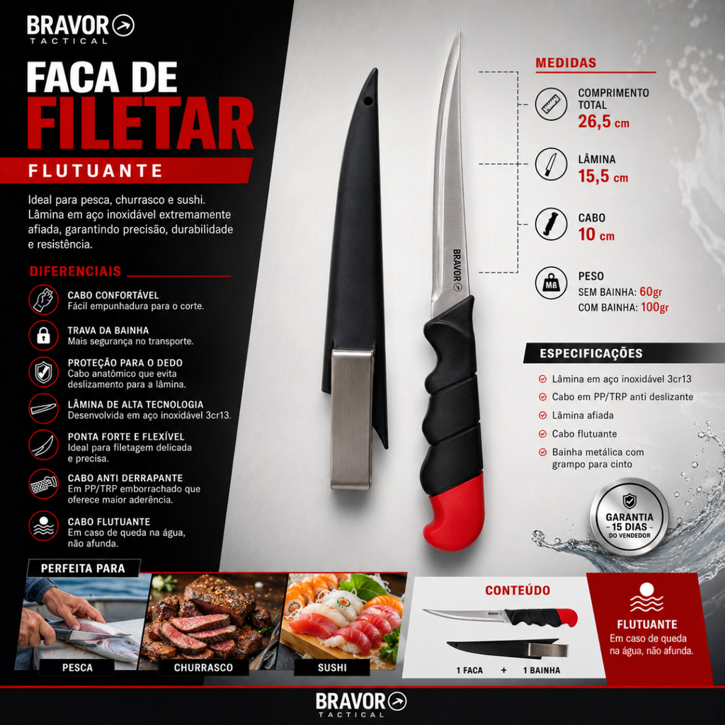 Faca De Filetar Peixes sushi churrasco Bravor Flutuante 26cm