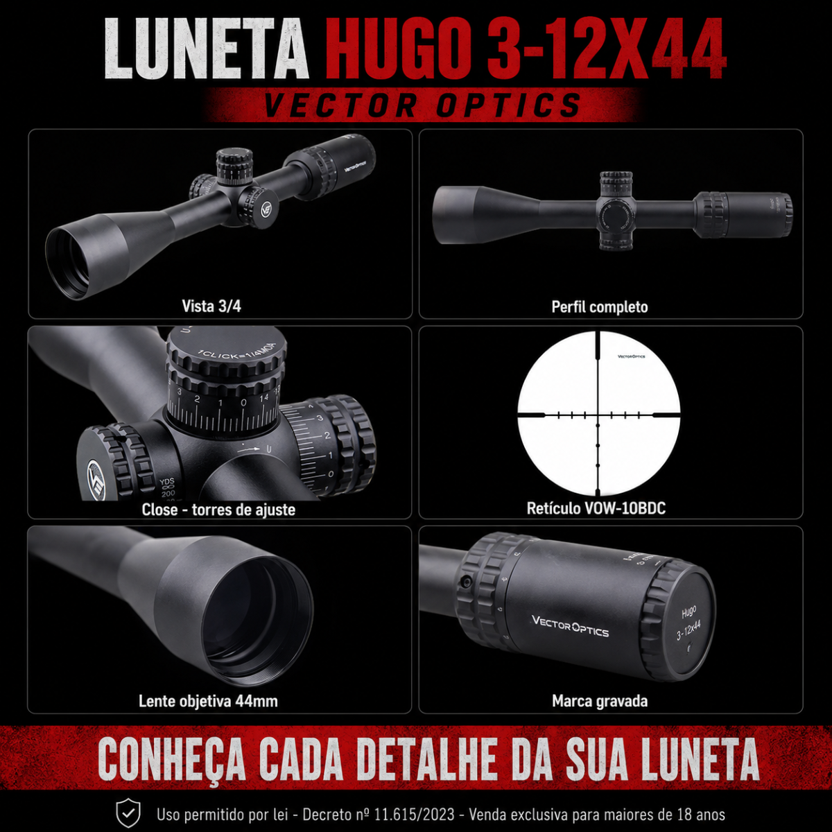 Luneta Vector Optics Hugo 3-12x44 Tubo 25,4mm 1/4 MOA