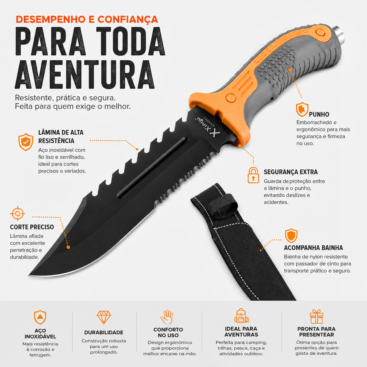 Faca Cabo Laranja Lâmina Negra Xingu Xv2907 + Bainha