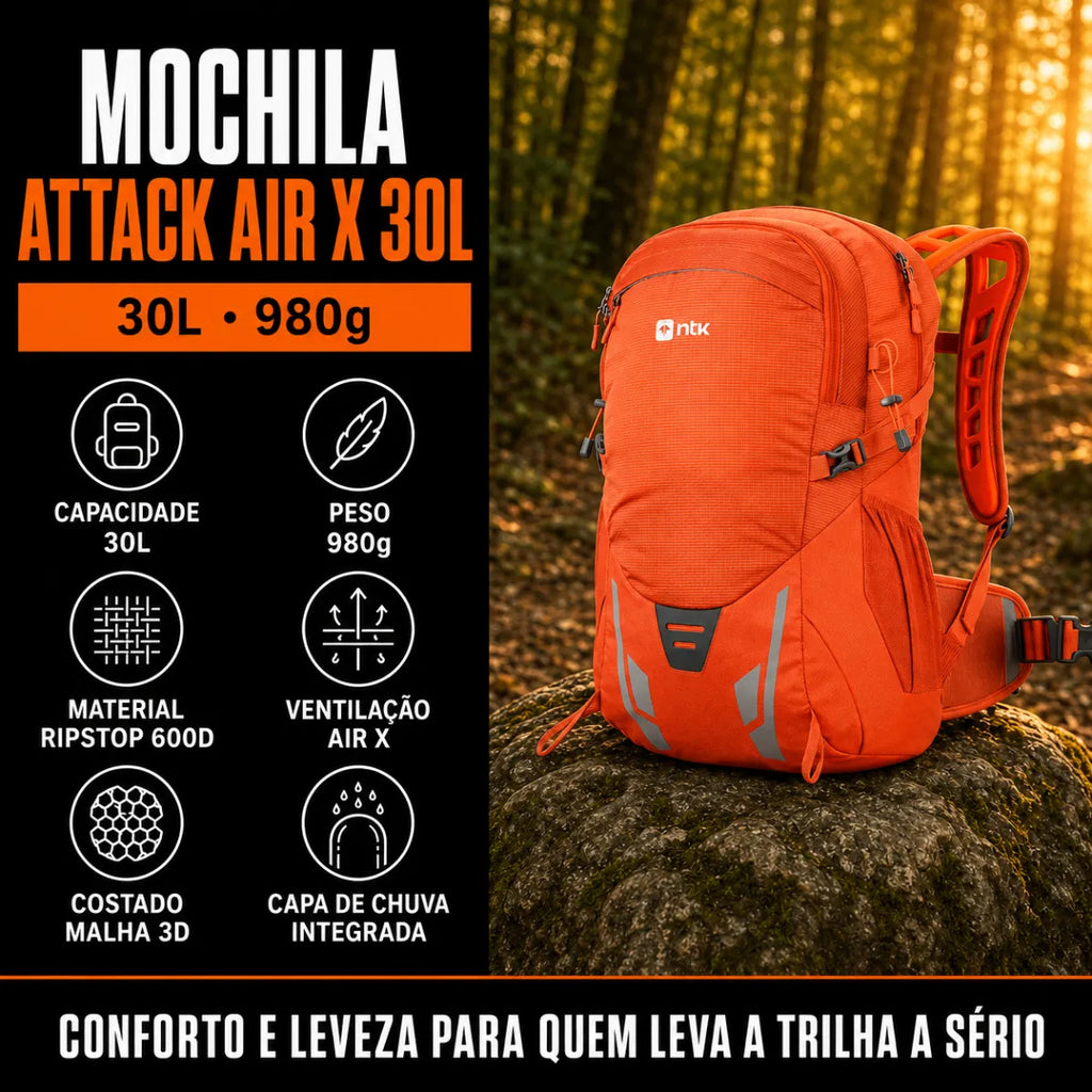 Mochila Camping Trilha Attack Air X 30L Capa de Chuva Ntk