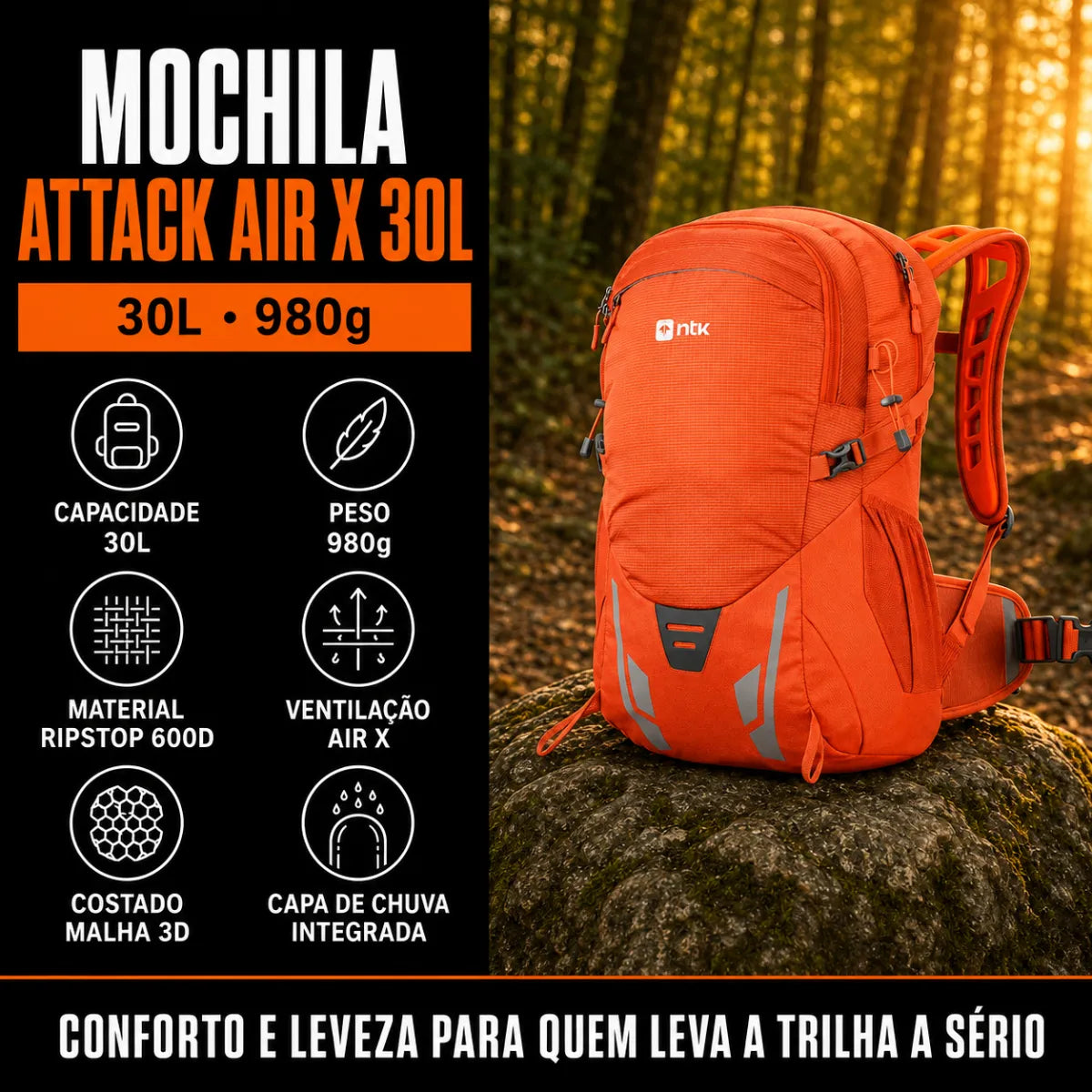 Mochila Camping Trilha Attack Air X 30L Capa de Chuva Ntk