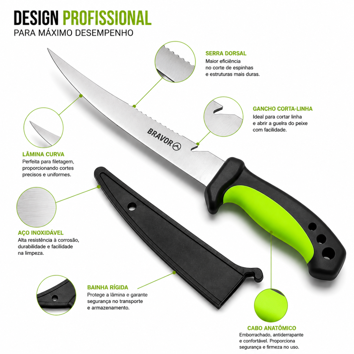 Faca Fileteira Preto Verde Bravor Aço Inox 29 cm Pesca Com Bainha