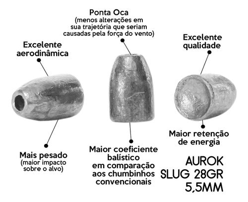 Chumbinho Aurok Slug 5,5mm 1,81g 28gr Ponta Oca Pesado 250un