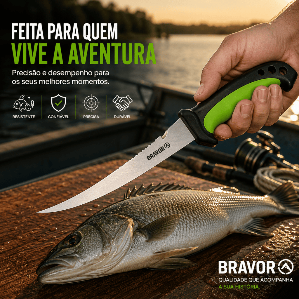 Faca Fileteira Preto Verde Bravor Aço Inox 29 cm Pesca Com Bainha