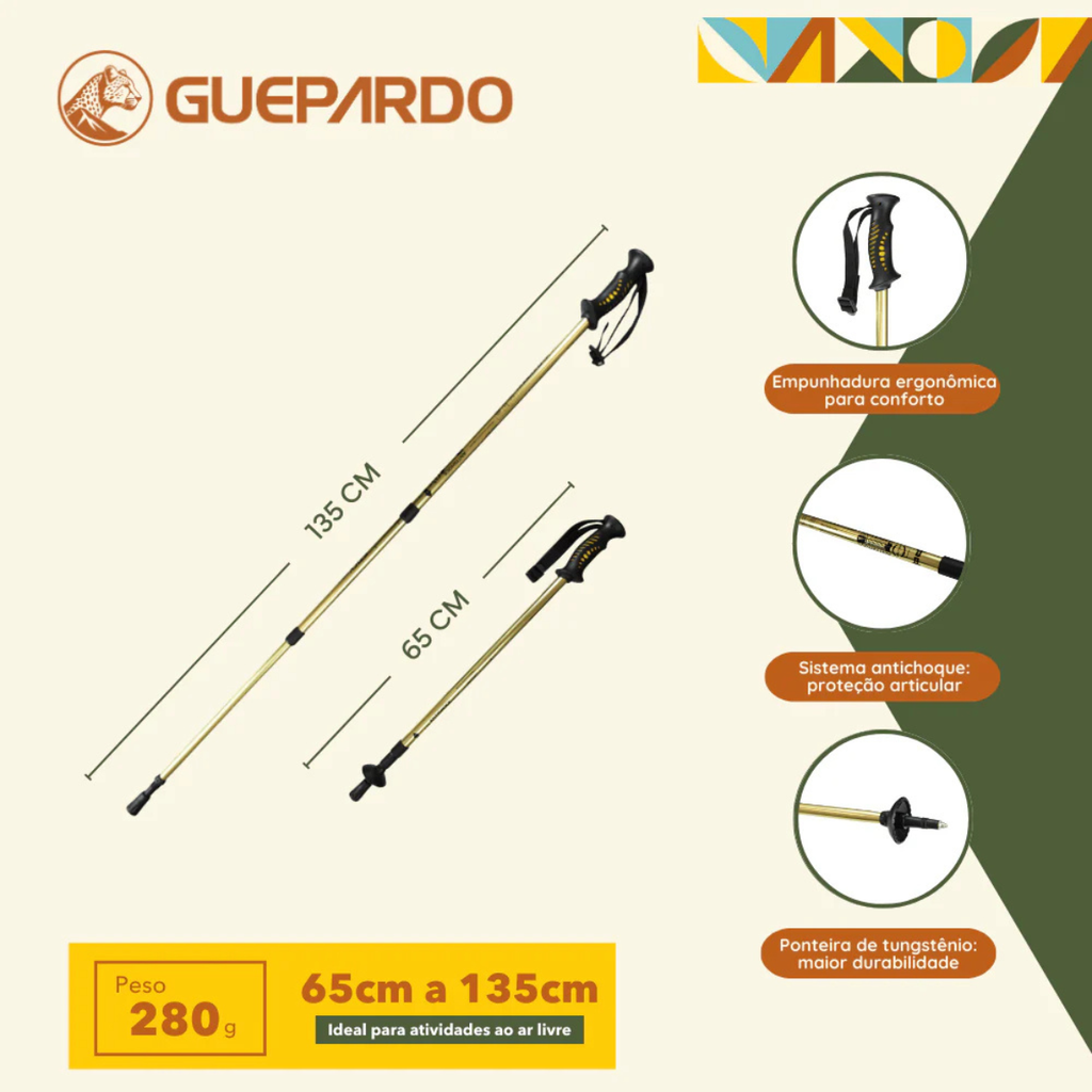 Bastão Caminhada Alum Ajustável Trekking Antishock Guepardo