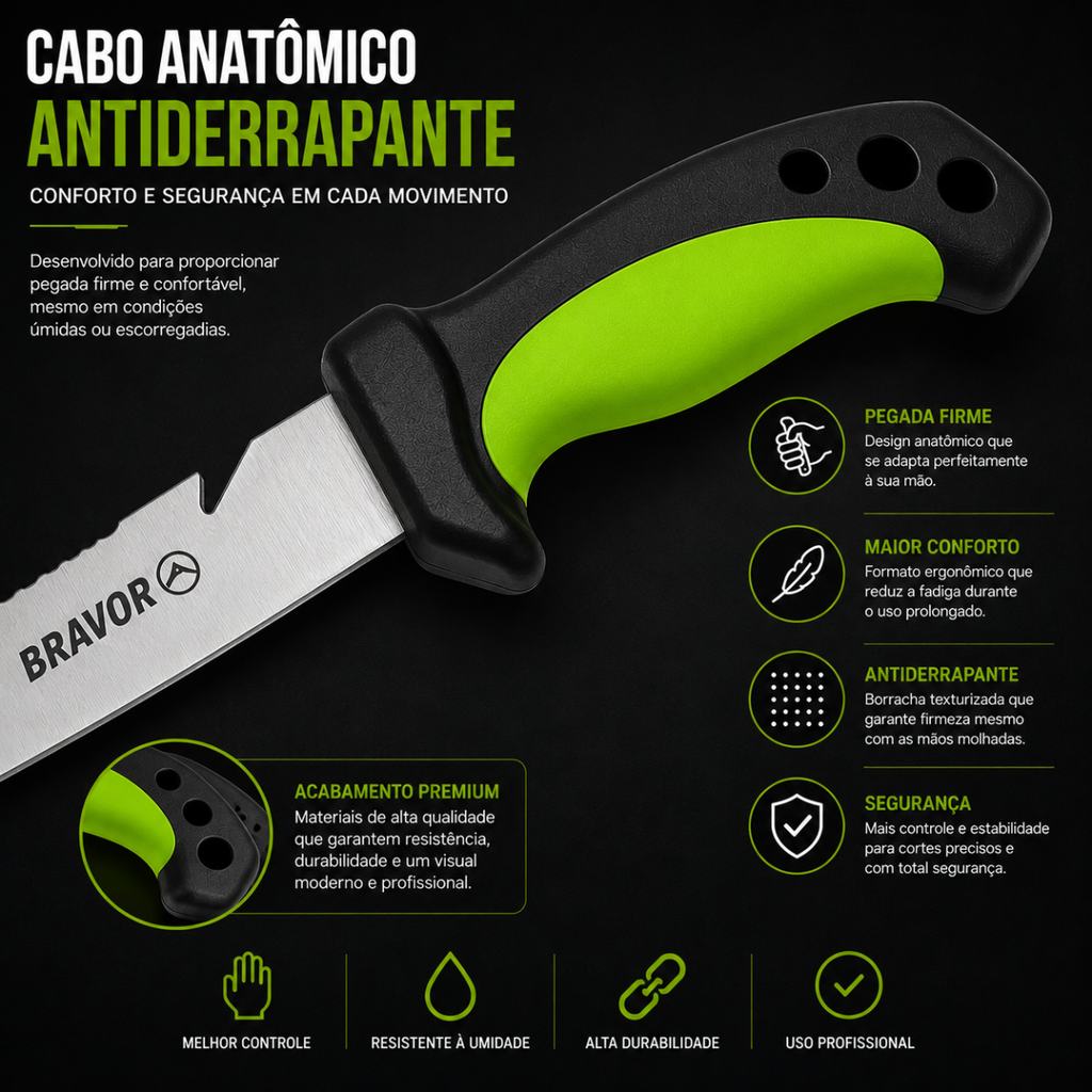 Faca Fileteira Preto Verde Bravor Aço Inox 29 cm Pesca Com Bainha